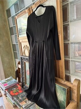 Pleats Please Black Pleated Long-Sleeve Women's Dress by Issey Miyake